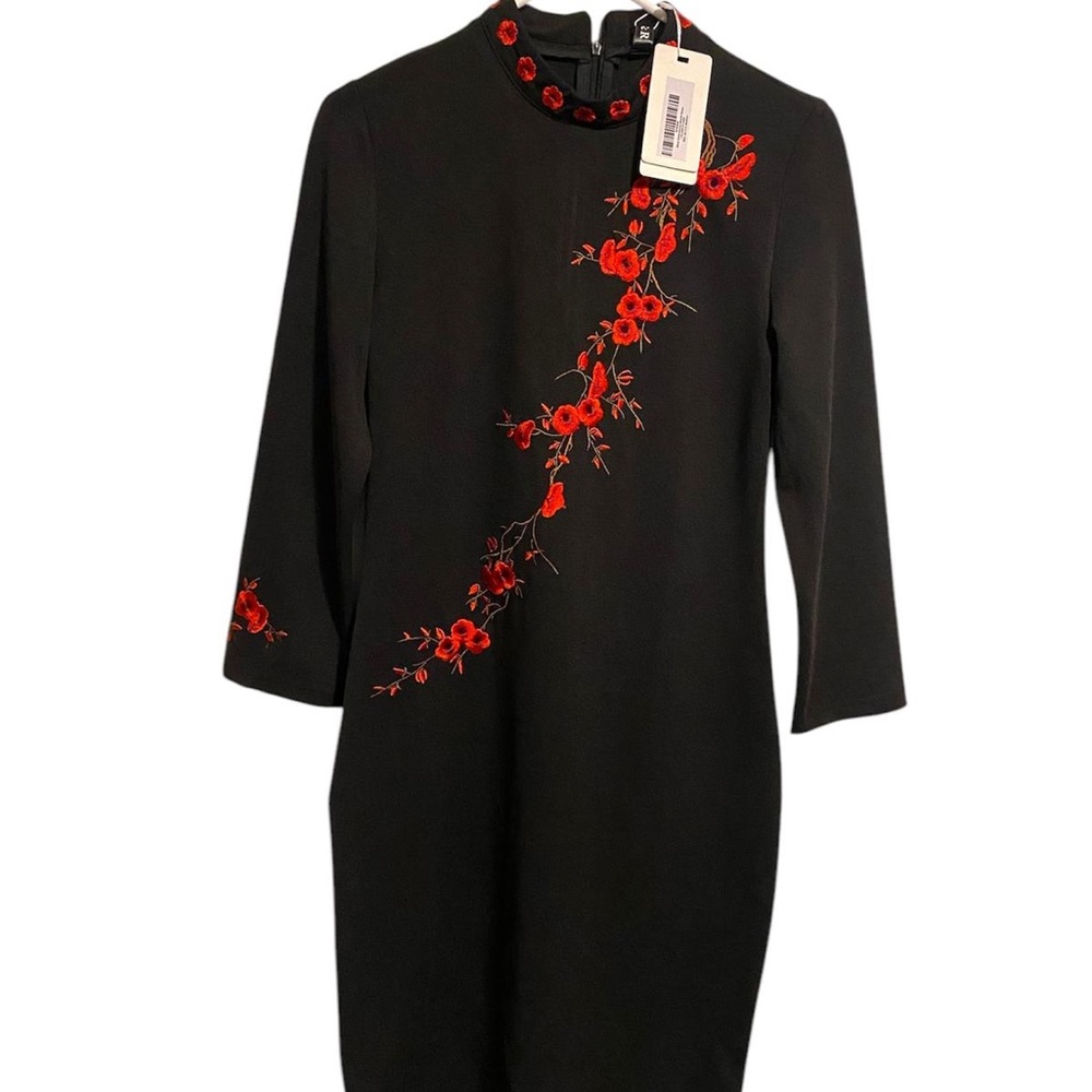 Black Sheath Dress with Red Embellishments and Mock Neck